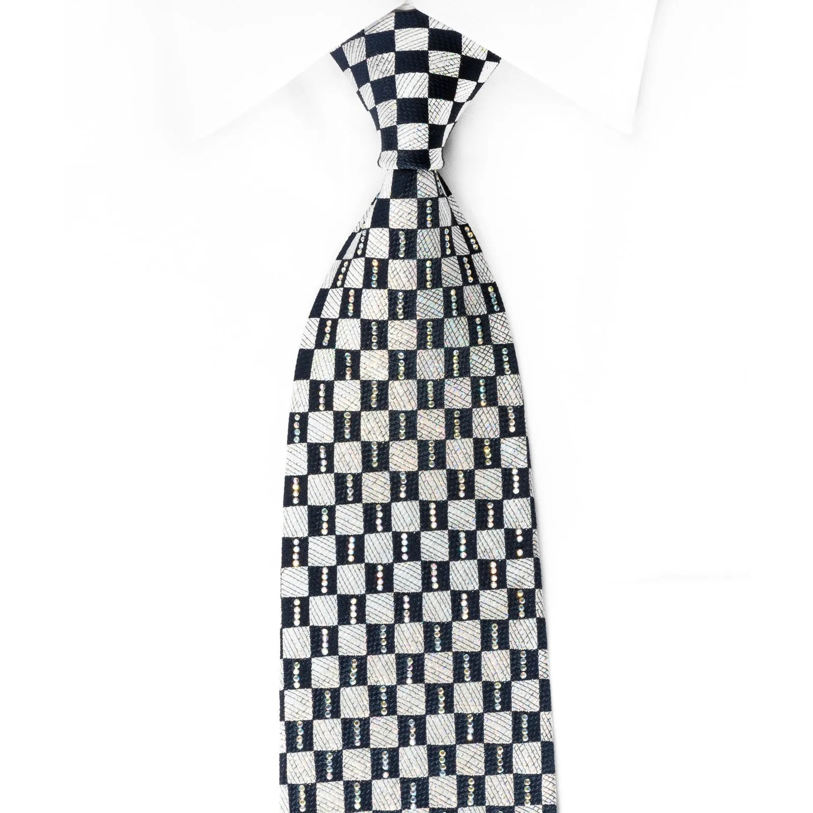 Renoma Rhinestone Silk Necktie Silver Navy Checkered With Silver Sparkles