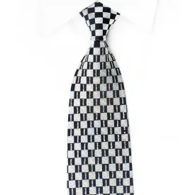 Renoma Rhinestone Silk Necktie Silver Navy Checkered With Silver Sparkles