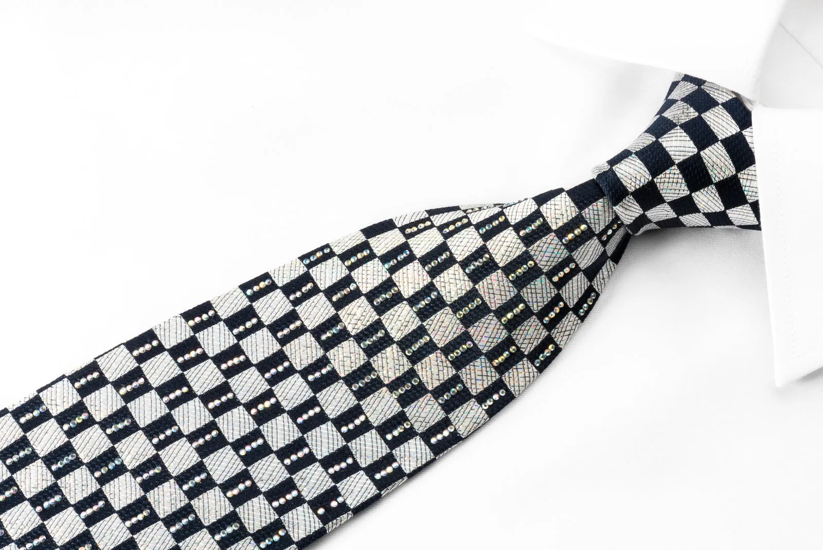 Renoma Rhinestone Silk Necktie Silver Navy Checkered With Silver Sparkles