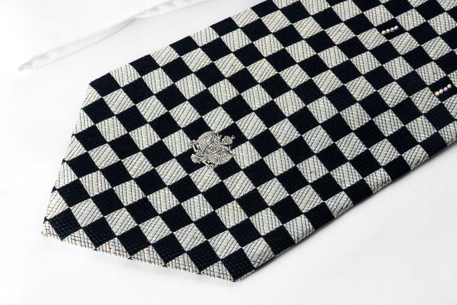 Renoma Rhinestone Silk Necktie Silver Navy Checkered With Silver Sparkles