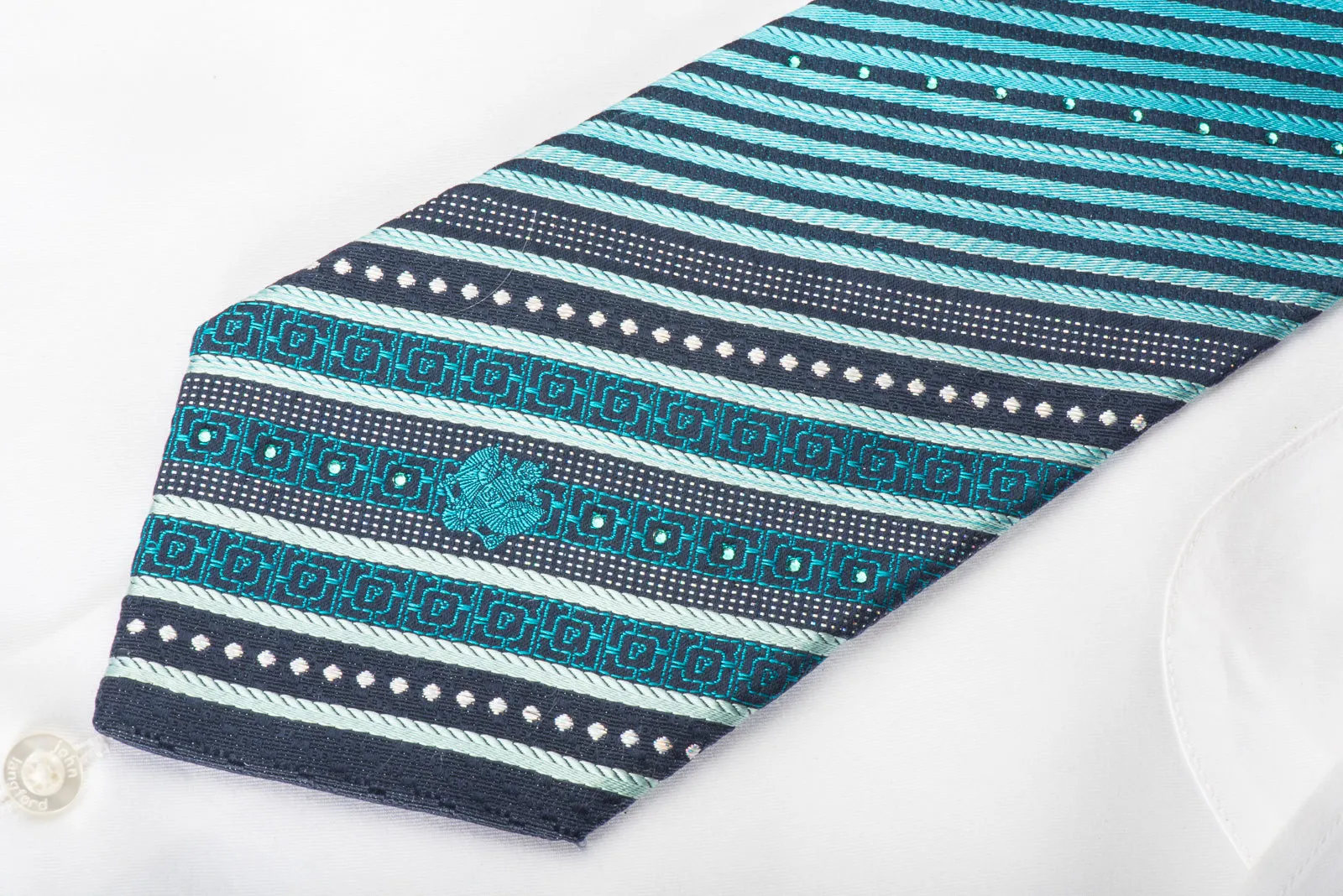 Renoma Rhinestone Silk Necktie Turquoise Chevron On Blue With Silver Sparkles