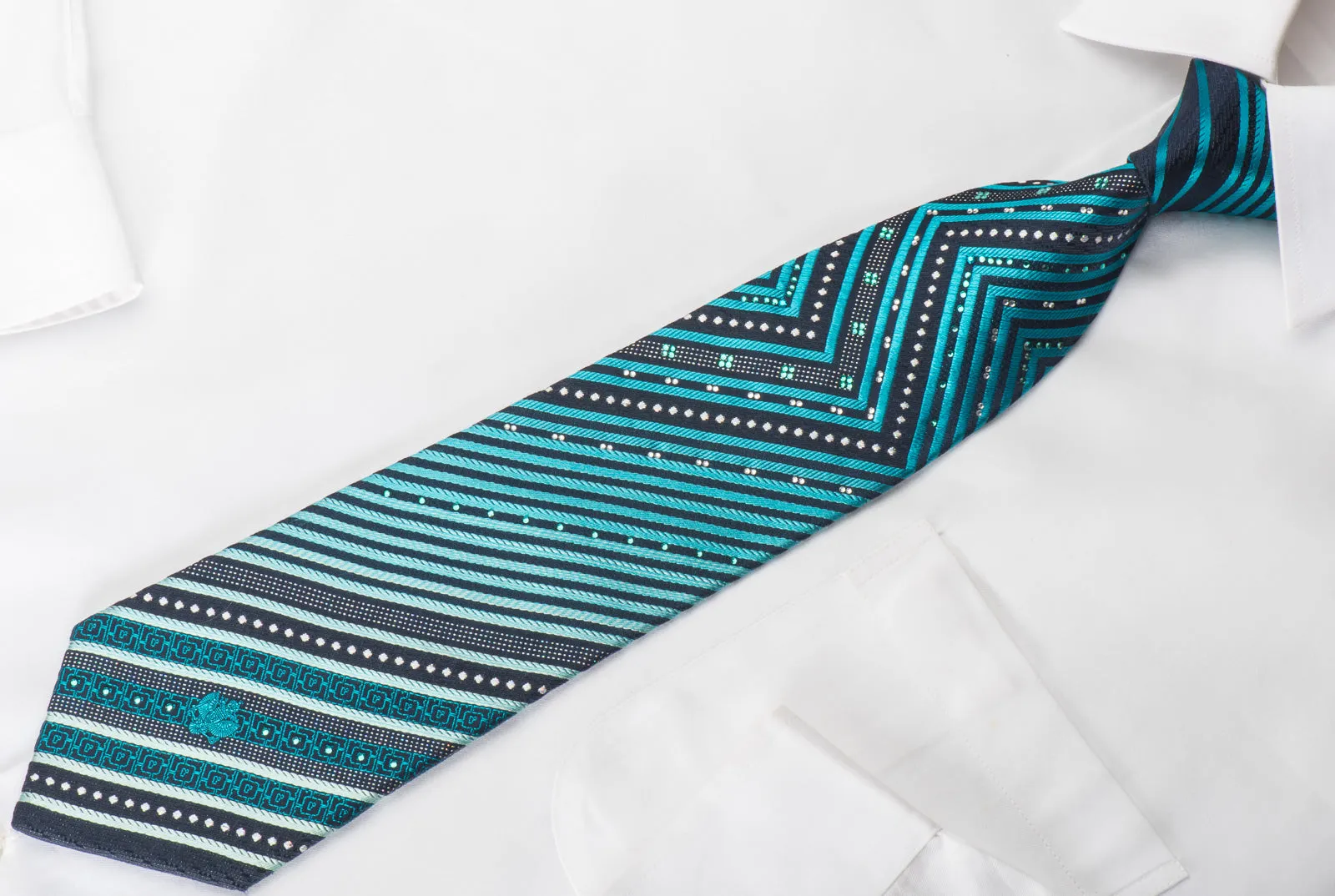 Renoma Rhinestone Silk Necktie Turquoise Chevron On Blue With Silver Sparkles