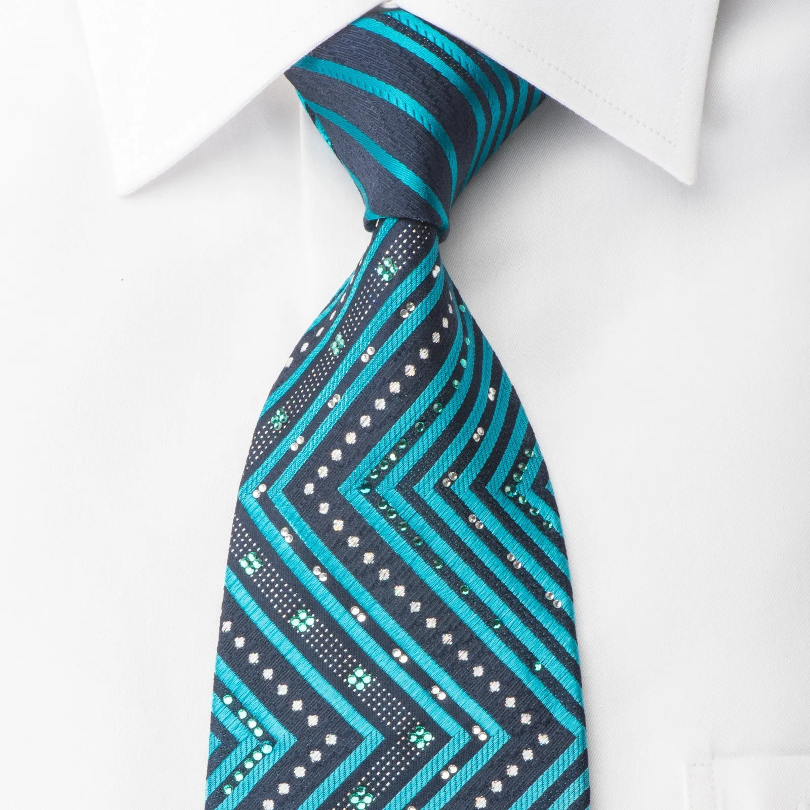 Renoma Rhinestone Silk Necktie Turquoise Chevron On Blue With Silver Sparkles