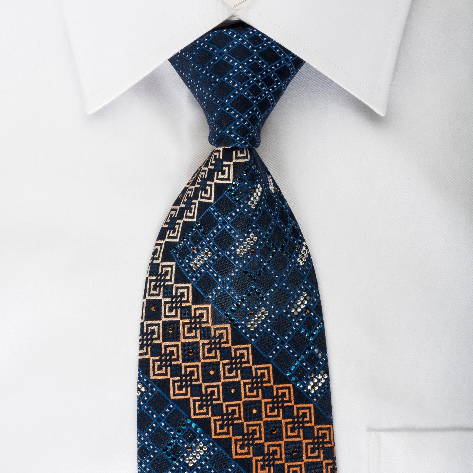 Renoma Silk Rhinestone Necktie Checkered On Blue With Silver Sparkles