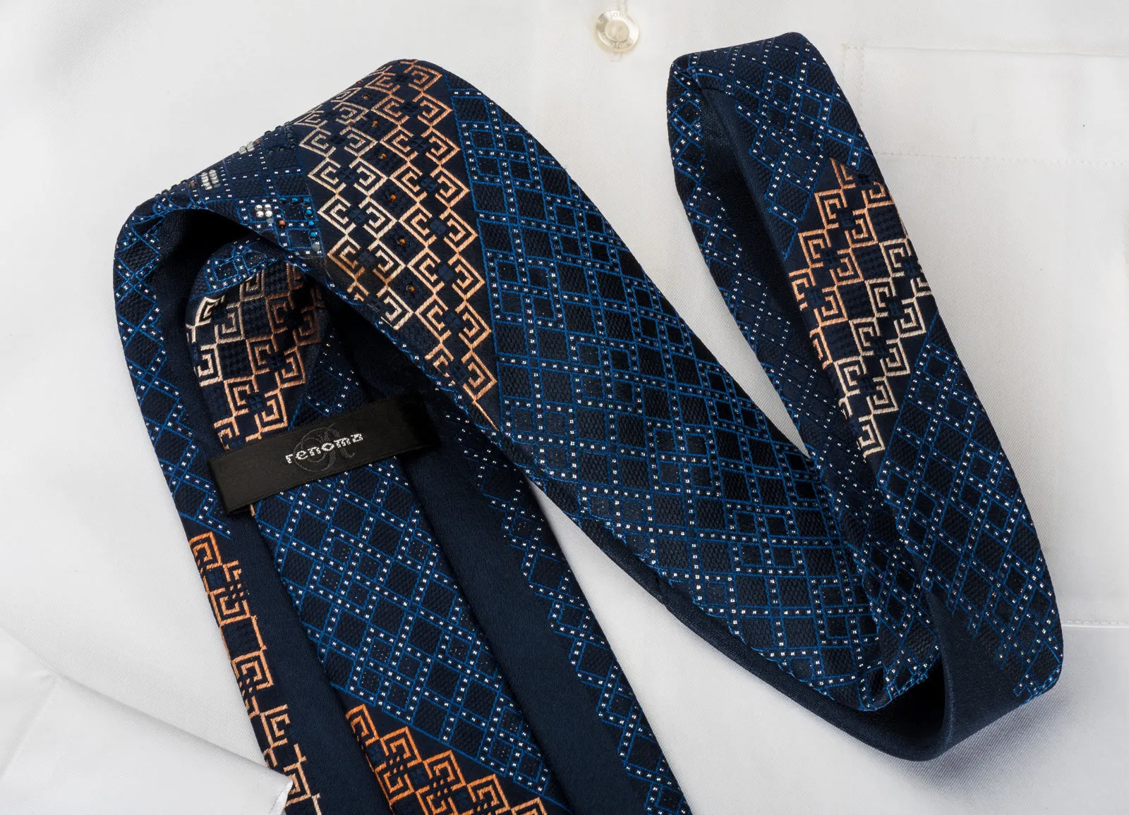 Renoma Silk Rhinestone Necktie Checkered On Blue With Silver Sparkles