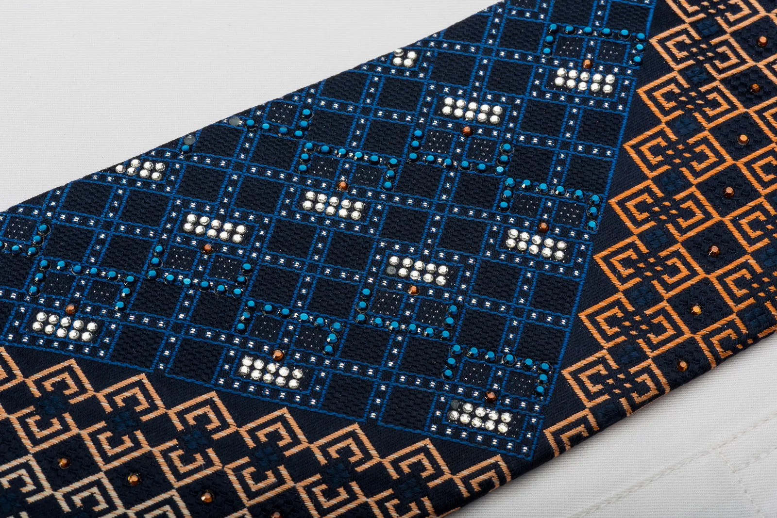 Renoma Silk Rhinestone Necktie Checkered On Blue With Silver Sparkles