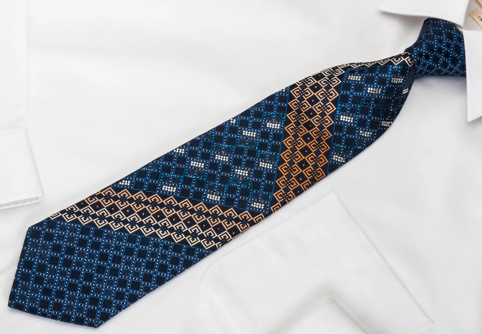 Renoma Silk Rhinestone Necktie Checkered On Blue With Silver Sparkles