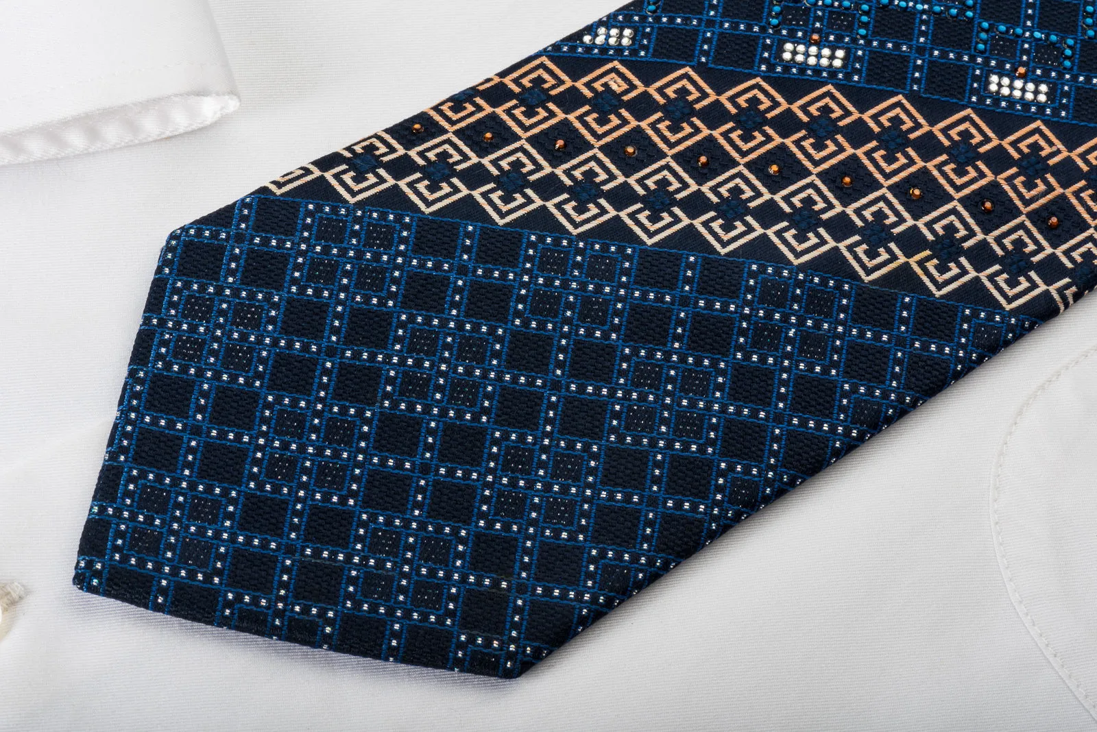 Renoma Silk Rhinestone Necktie Checkered On Blue With Silver Sparkles