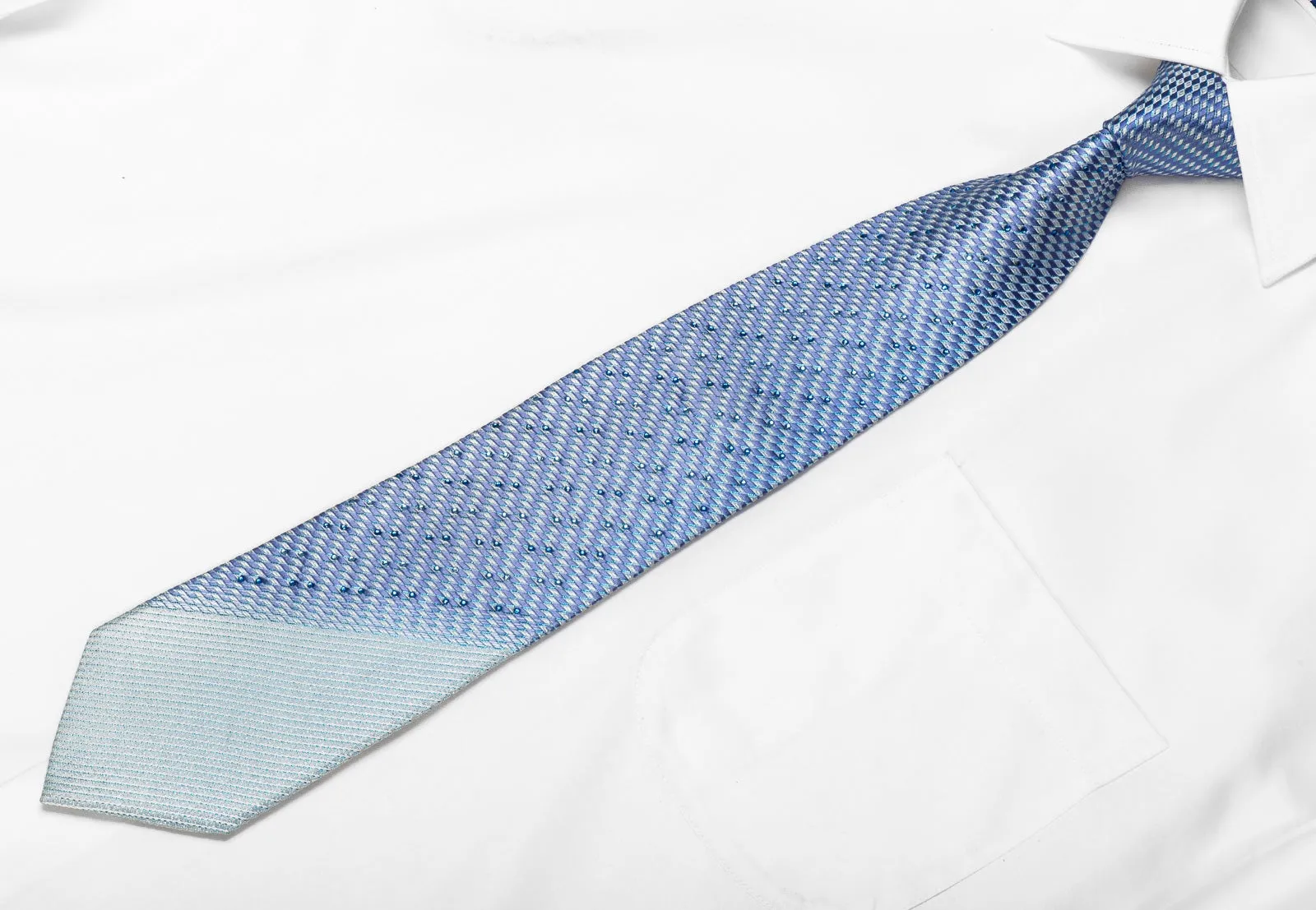 Rogatis Mens Crystal Silk Necktie Blue Geometric Checkered With Blue Sparkles