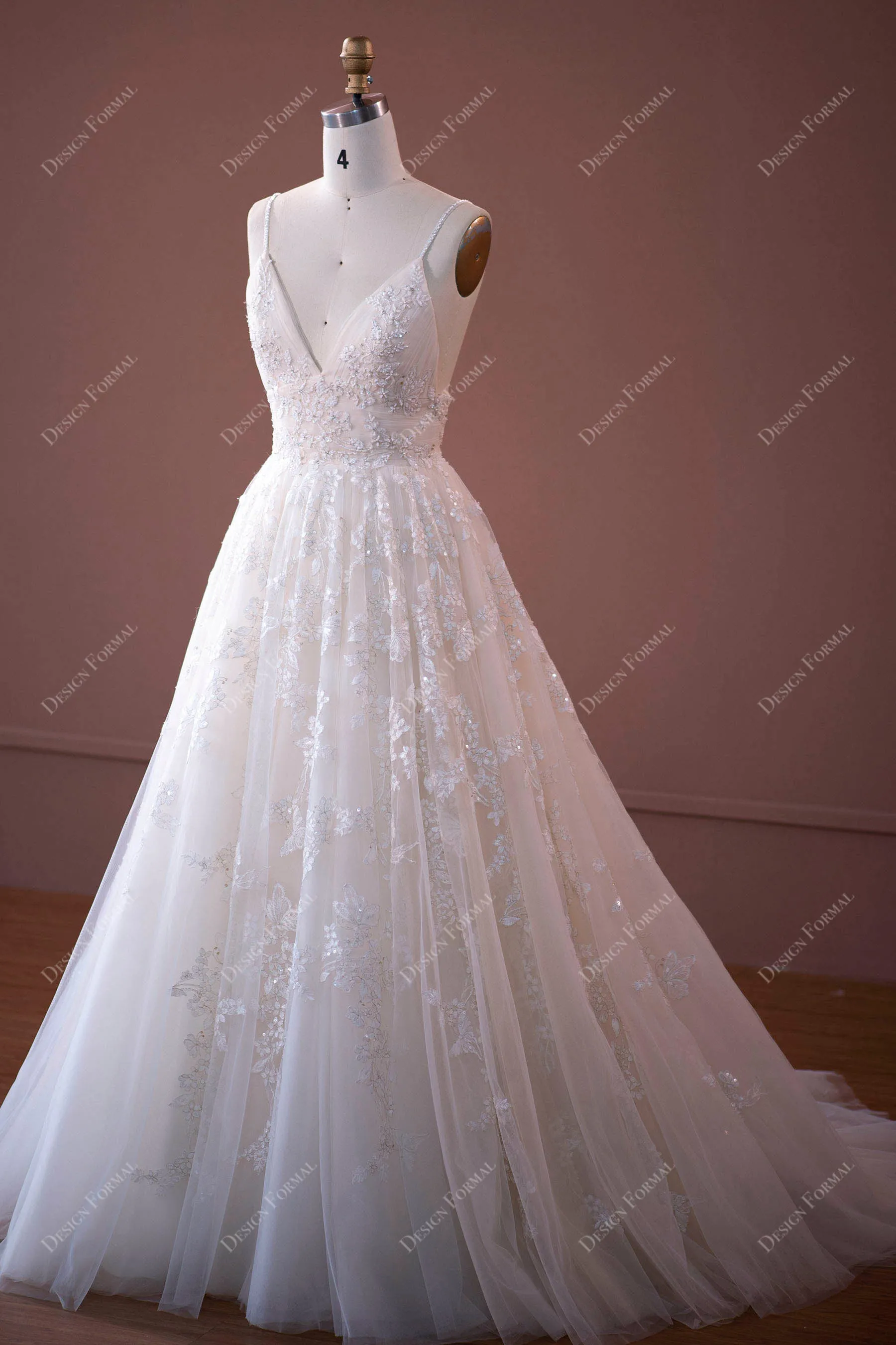 Sequin Lace V-neck Open Back Nude Ball Gown Garden Bridal Dress