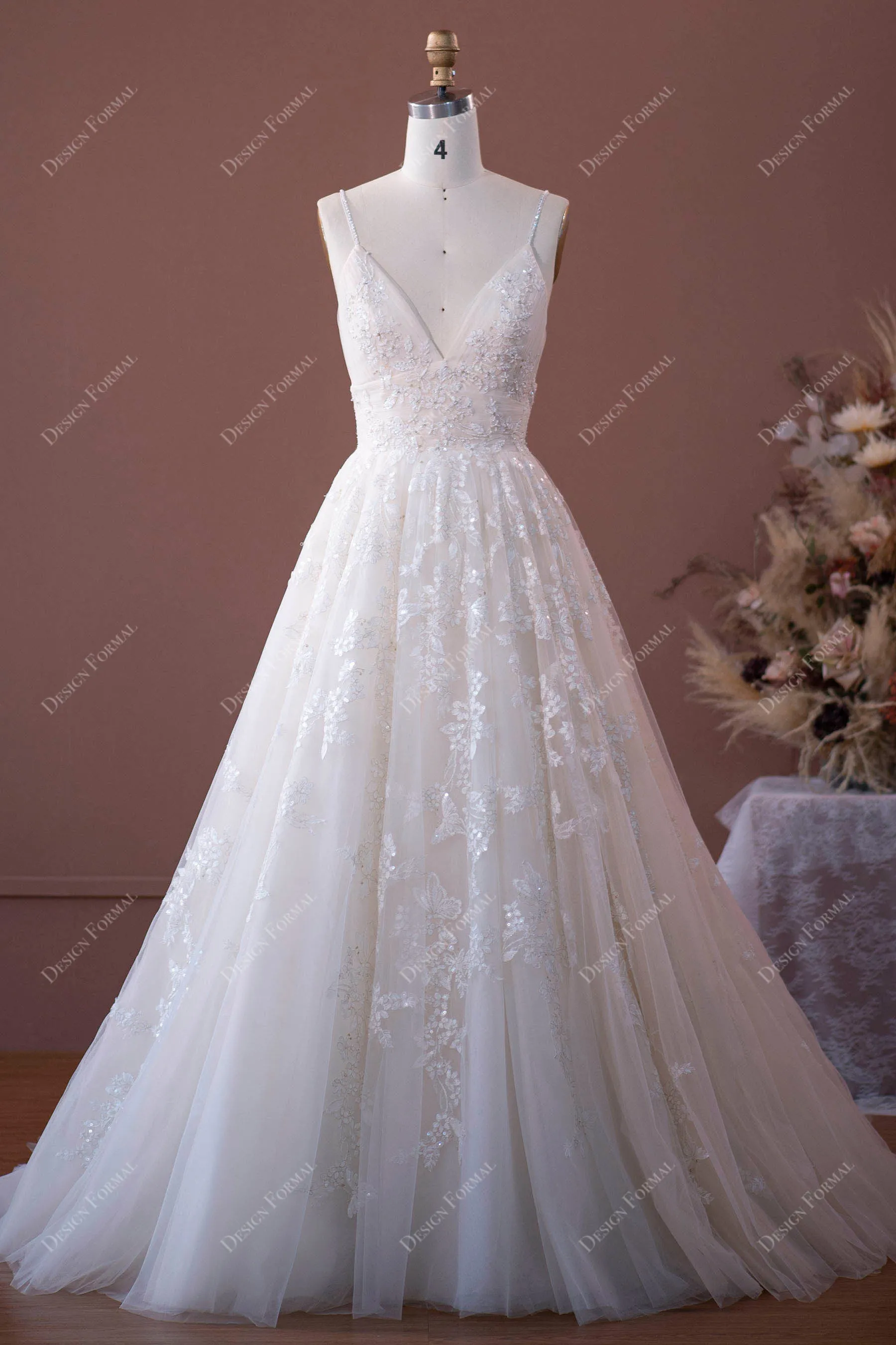 Sequin Lace V-neck Open Back Nude Ball Gown Garden Bridal Dress