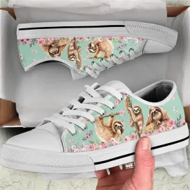 Sloth Flower Watercolor Low Top Shoes, Animal Print Canvas Shoes, Print On Canvas Shoes