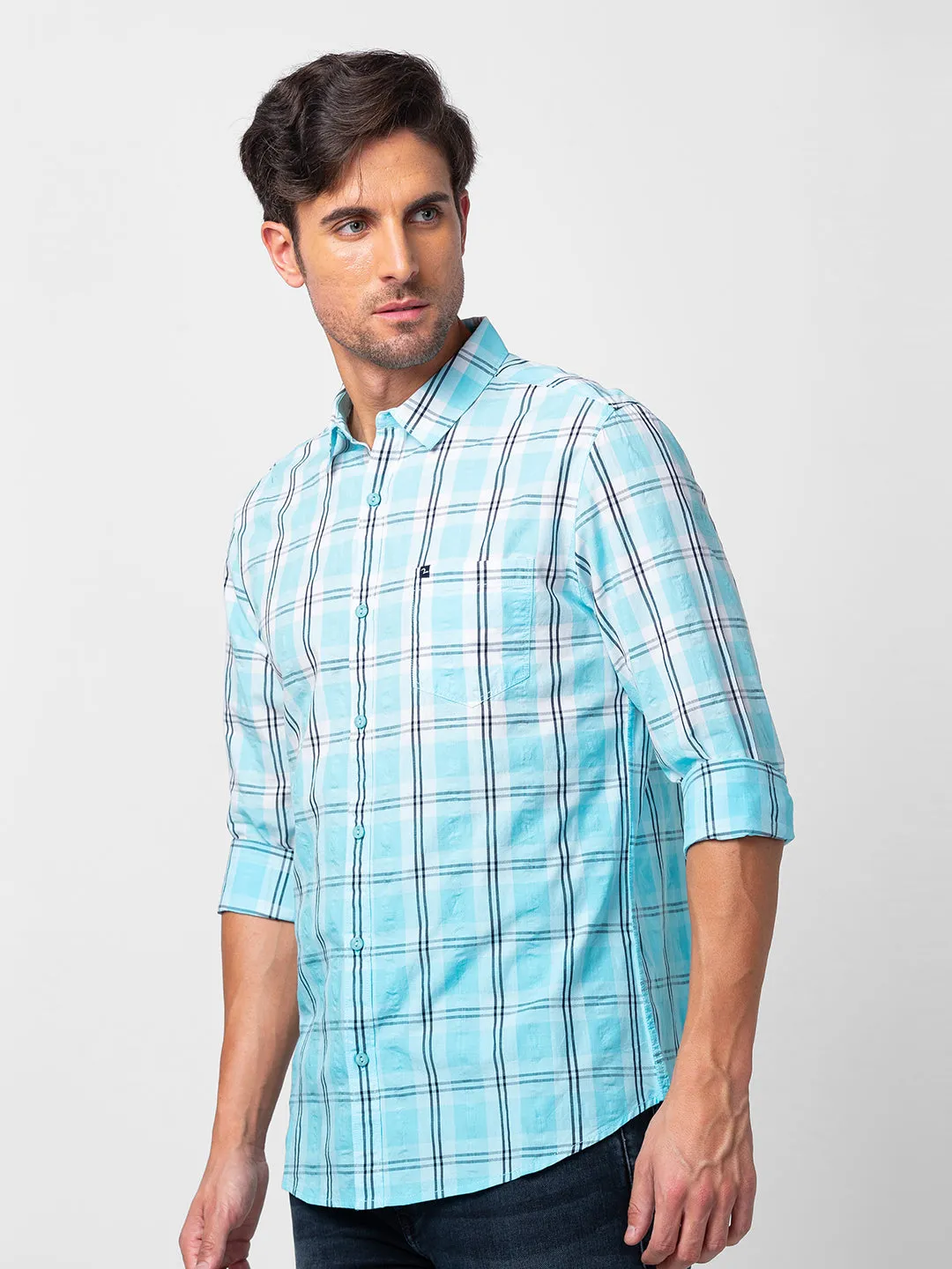 Spykar Men Sky Blue Cotton Slim Fit Checkered Shirt