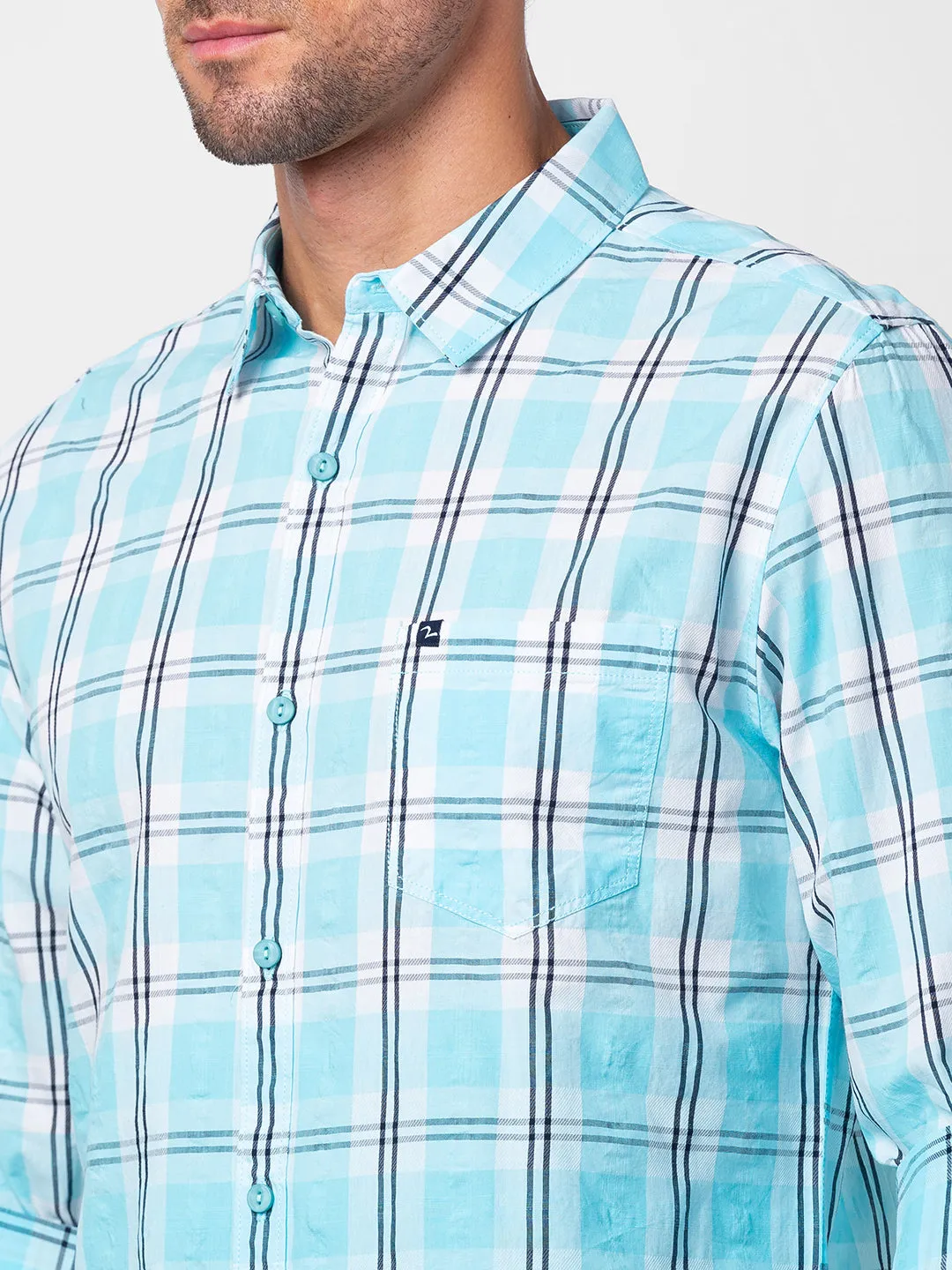 Spykar Men Sky Blue Cotton Slim Fit Checkered Shirt