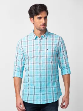 Spykar Men Sky Blue Cotton Slim Fit Checkered Shirt