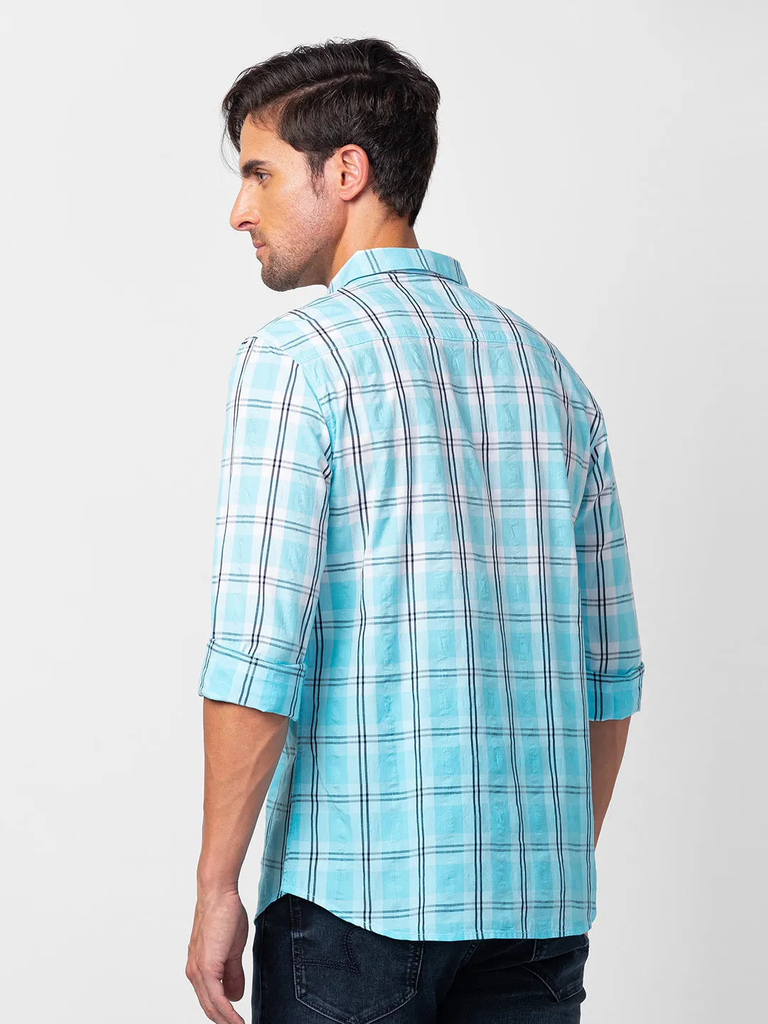 Spykar Men Sky Blue Cotton Slim Fit Checkered Shirt