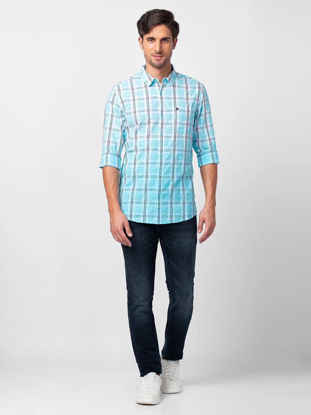 Spykar Men Sky Blue Cotton Slim Fit Checkered Shirt