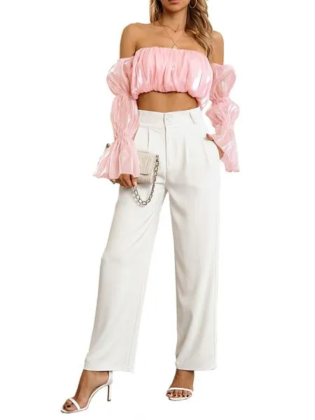 TEEK - Pink Off Shoulder Cropped Ruffled Bubble Sleeve Blouse