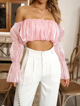 TEEK - Pink Off Shoulder Cropped Ruffled Bubble Sleeve Blouse