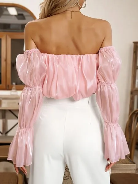 TEEK - Pink Off Shoulder Cropped Ruffled Bubble Sleeve Blouse