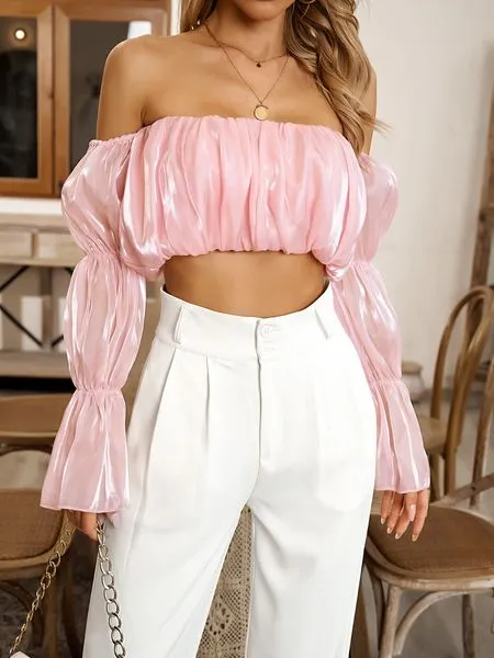 TEEK - Pink Off Shoulder Cropped Ruffled Bubble Sleeve Blouse