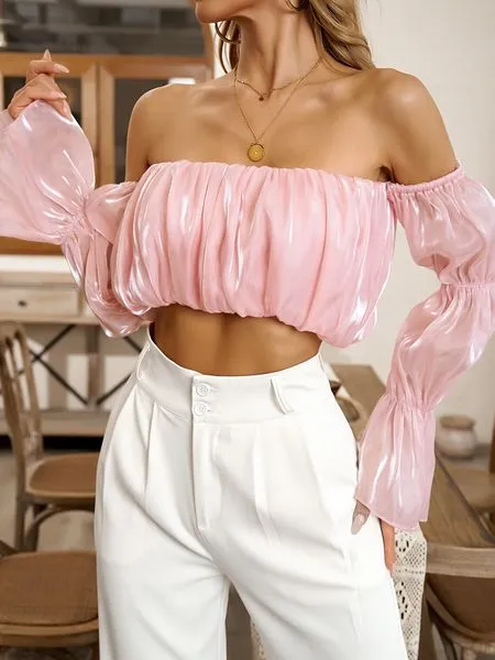 TEEK - Pink Off Shoulder Cropped Ruffled Bubble Sleeve Blouse