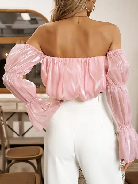 TEEK - Pink Off Shoulder Cropped Ruffled Bubble Sleeve Blouse