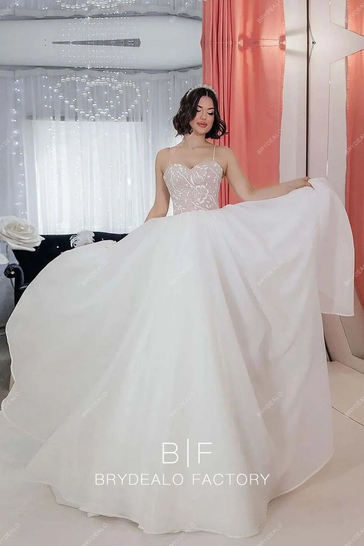 Thin Straps Lace Princess Organza Ball Gown Off Shoulder Wedding Dress