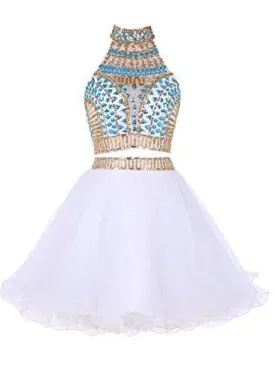 Two Piece High Neck White Tulle Short Homecoming Dress 2025 with Beading Rhinestone