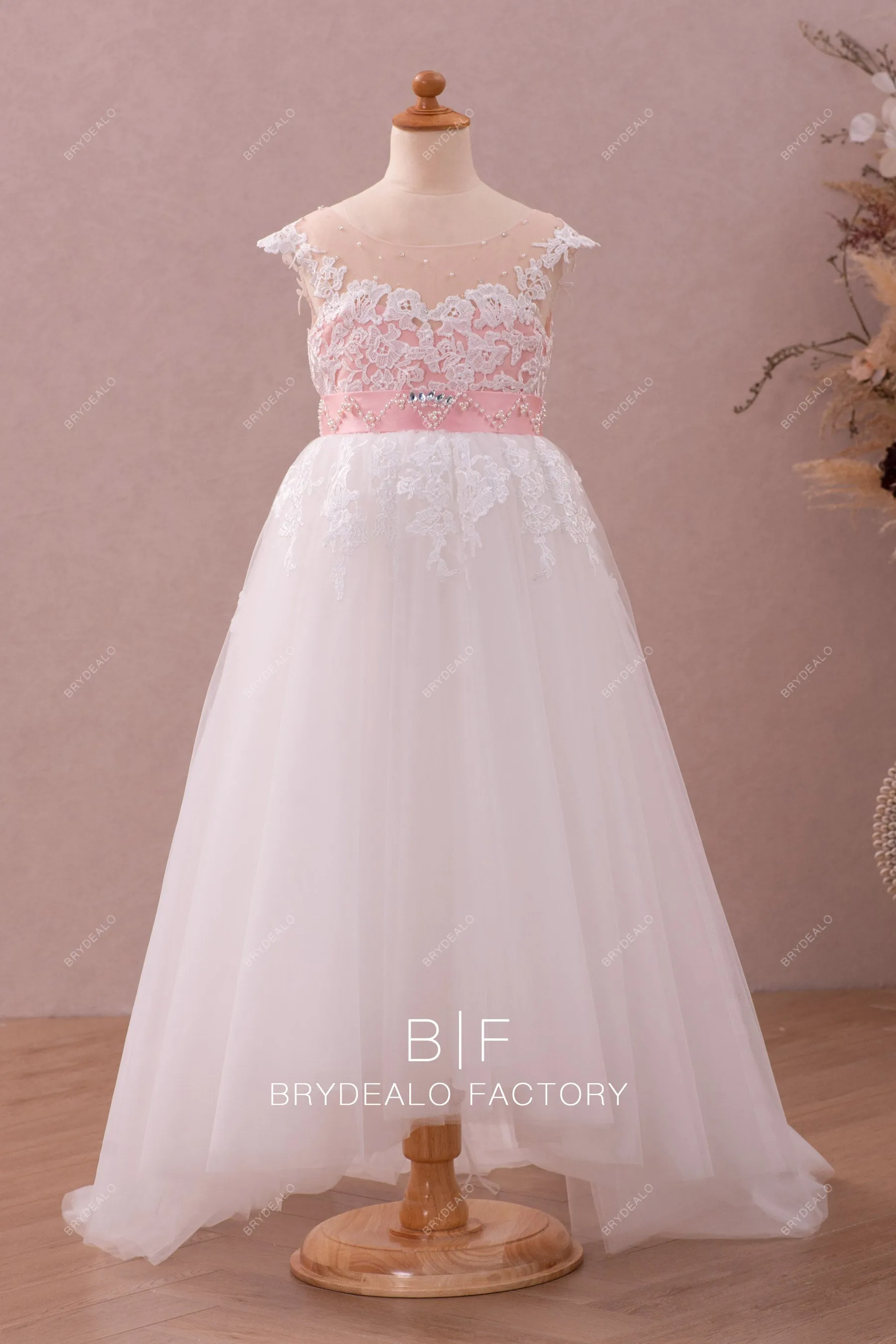 Two-tone Lace Beaded High-low Tulle Flower Girl Dress Online