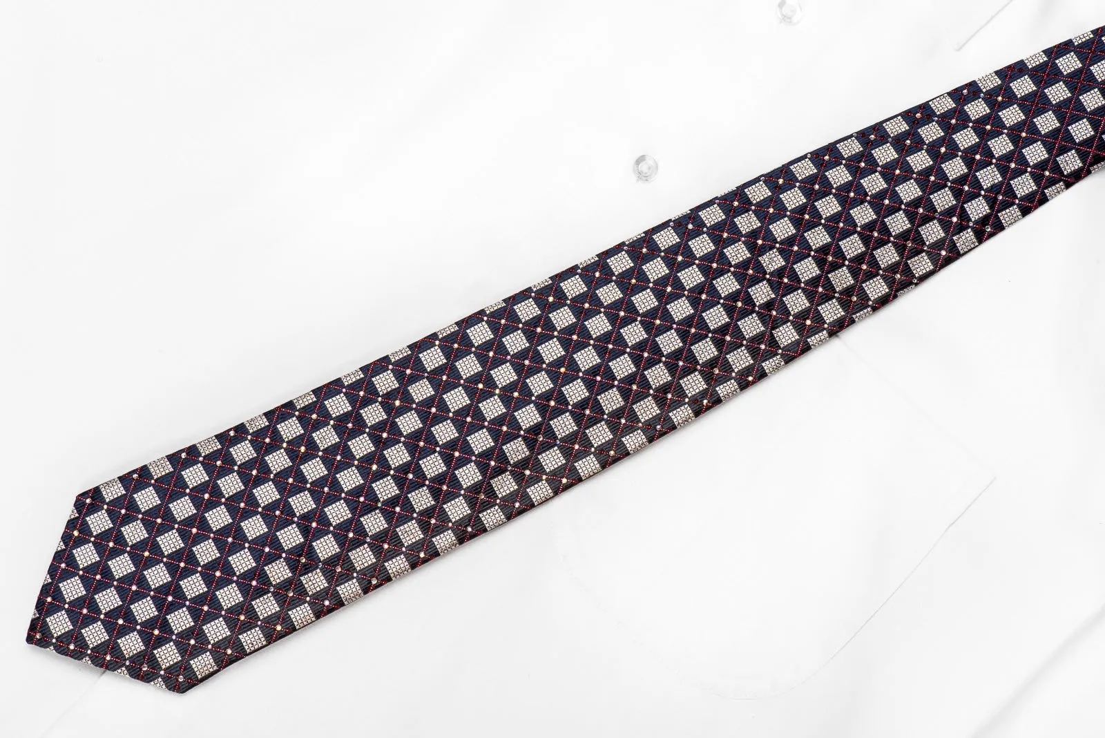 Ungaro Men's Crystal Silk Tie Silver Navy Checker With Silver Sparkles