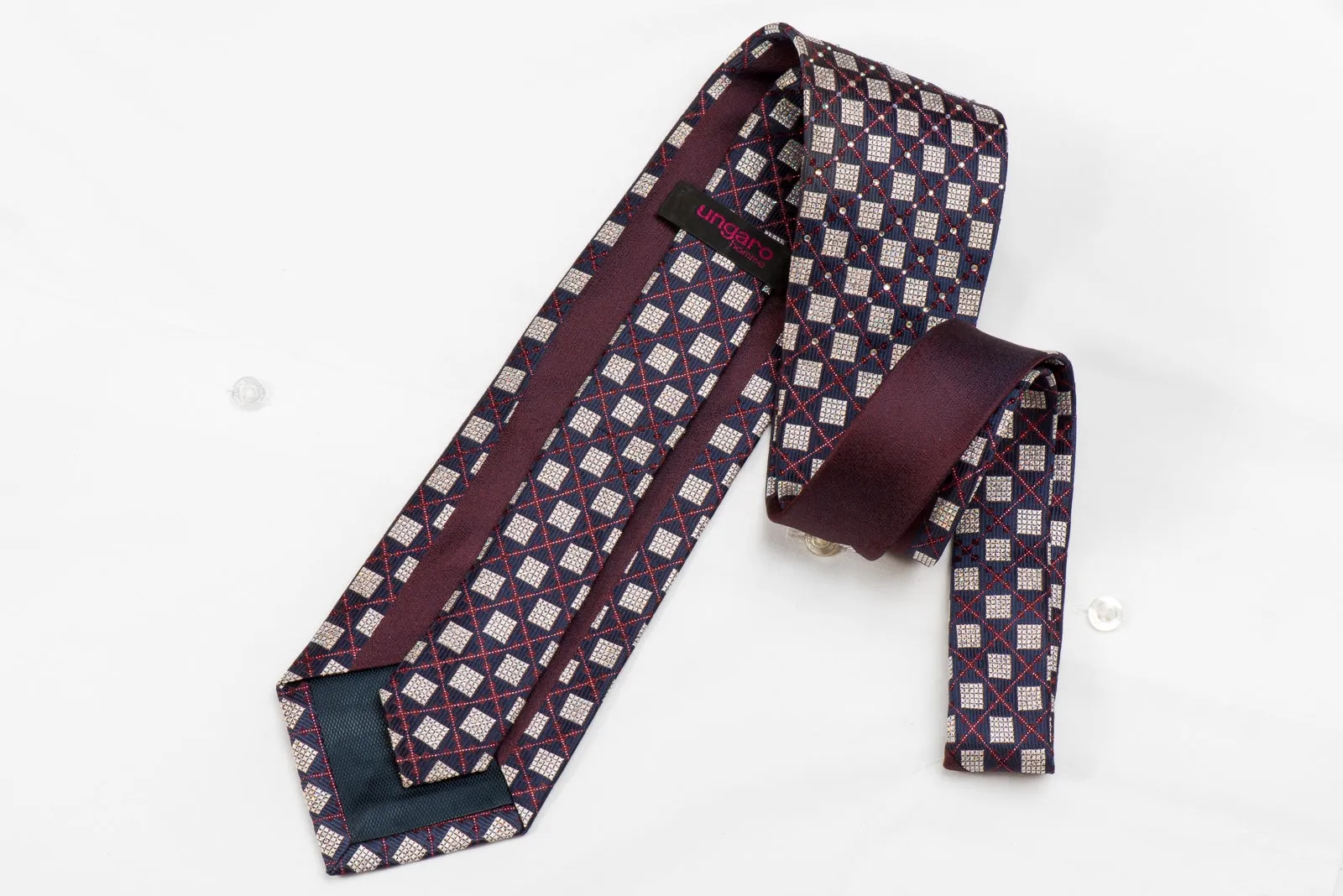 Ungaro Men's Crystal Silk Tie Silver Navy Checker With Silver Sparkles