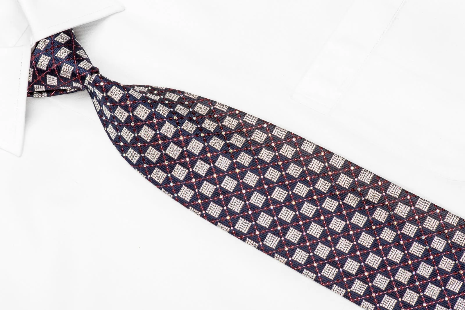 Ungaro Men's Crystal Silk Tie Silver Navy Checker With Silver Sparkles