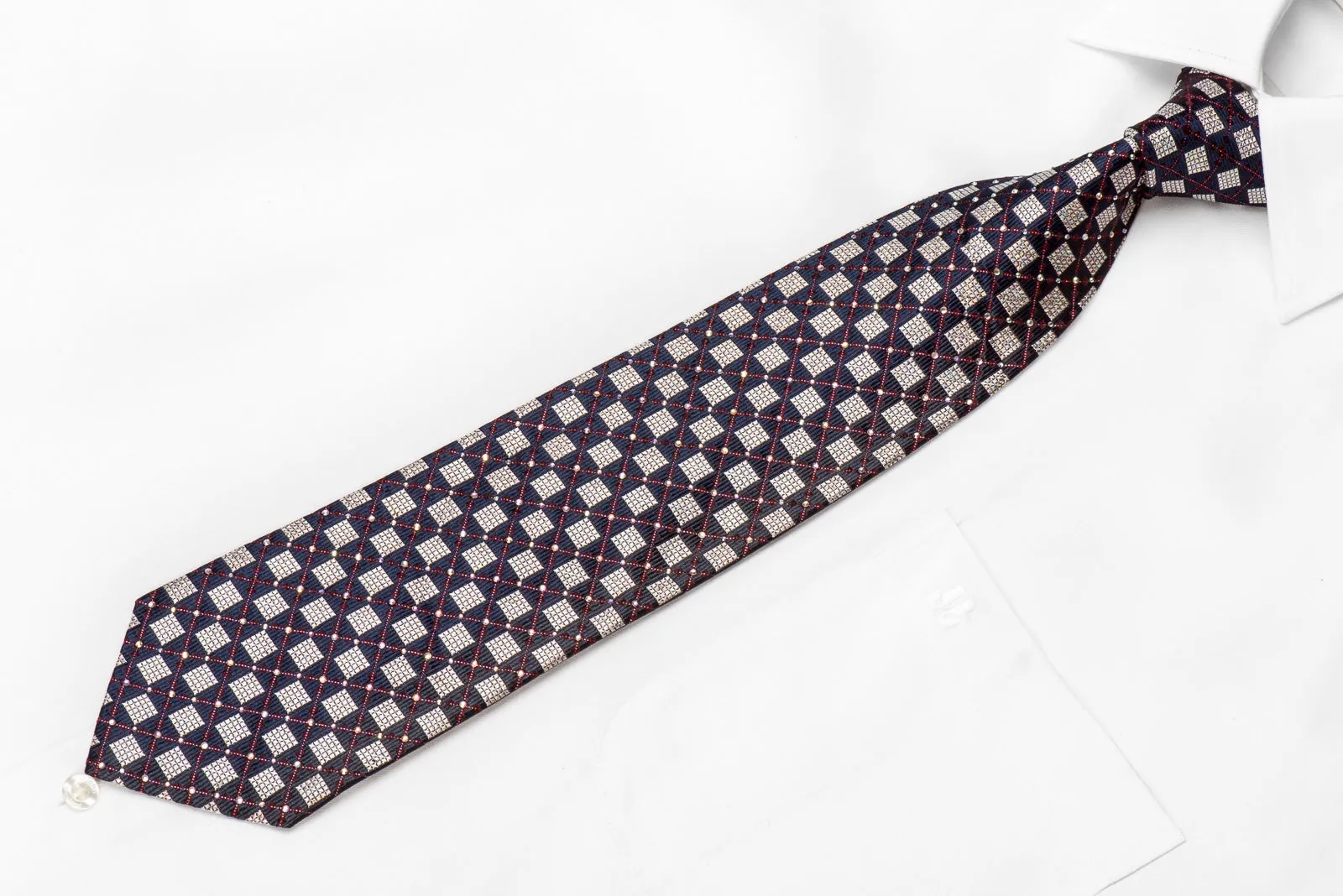 Ungaro Men's Crystal Silk Tie Silver Navy Checker With Silver Sparkles