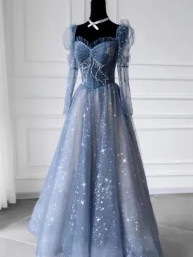 Unique Long Sleeve Prom Dress Frozen Blue Dress Haute Couture Temperament Evening Dress Princess Dress Custom Made