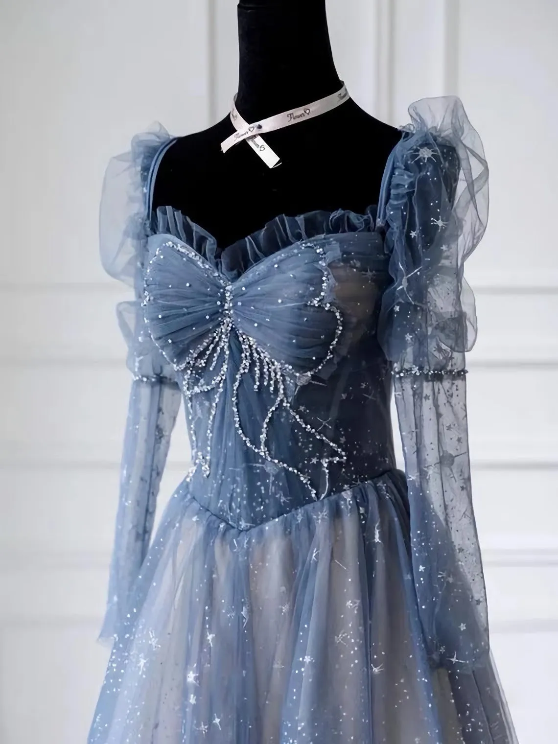 Unique Long Sleeve Prom Dress Frozen Blue Dress Haute Couture Temperament Evening Dress Princess Dress Custom Made