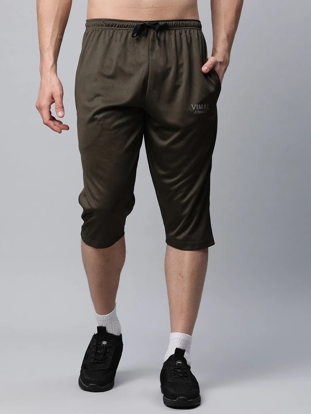 Vimal Jonney Dryfit Solid Olive 3/4th Capri for Men