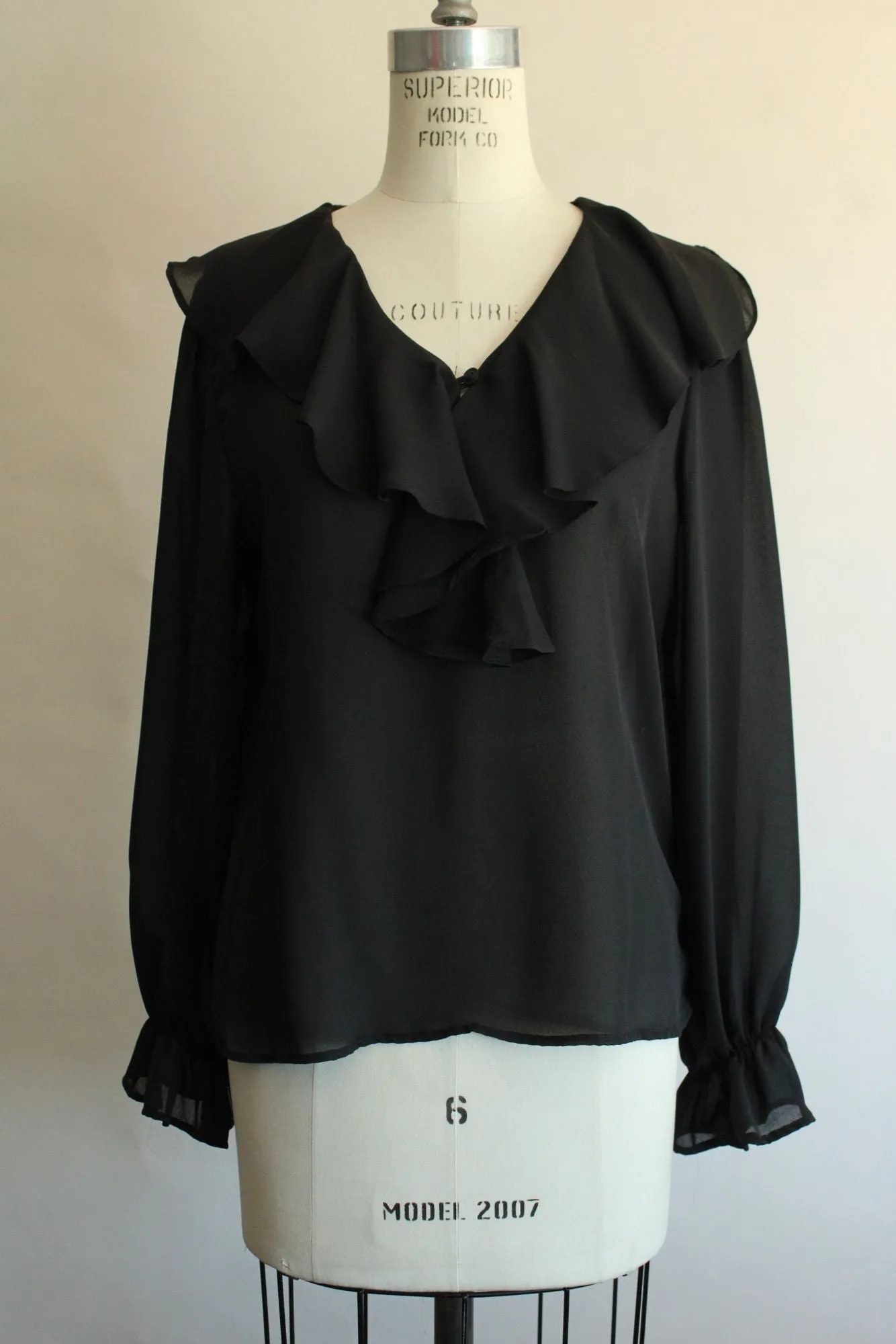 Vintage 1980s 1990s Clio Black Ruffle Neck Witchy Blouse