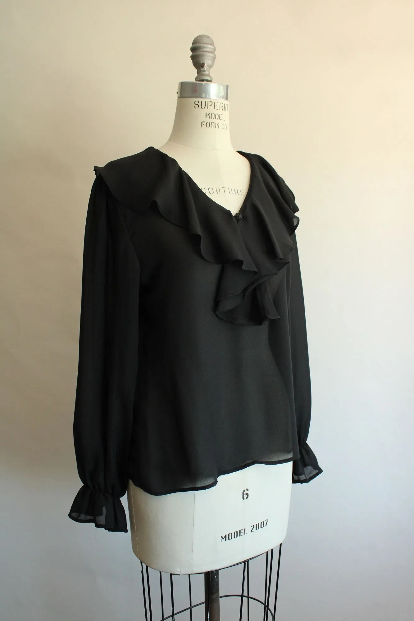 Vintage 1980s 1990s Clio Black Ruffle Neck Witchy Blouse