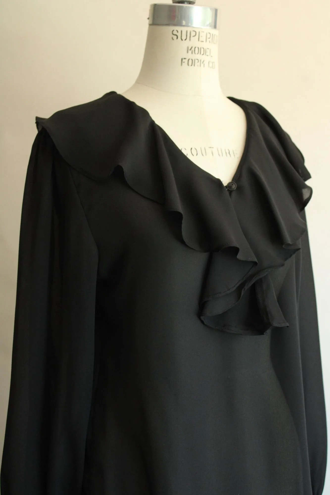 Vintage 1980s 1990s Clio Black Ruffle Neck Witchy Blouse