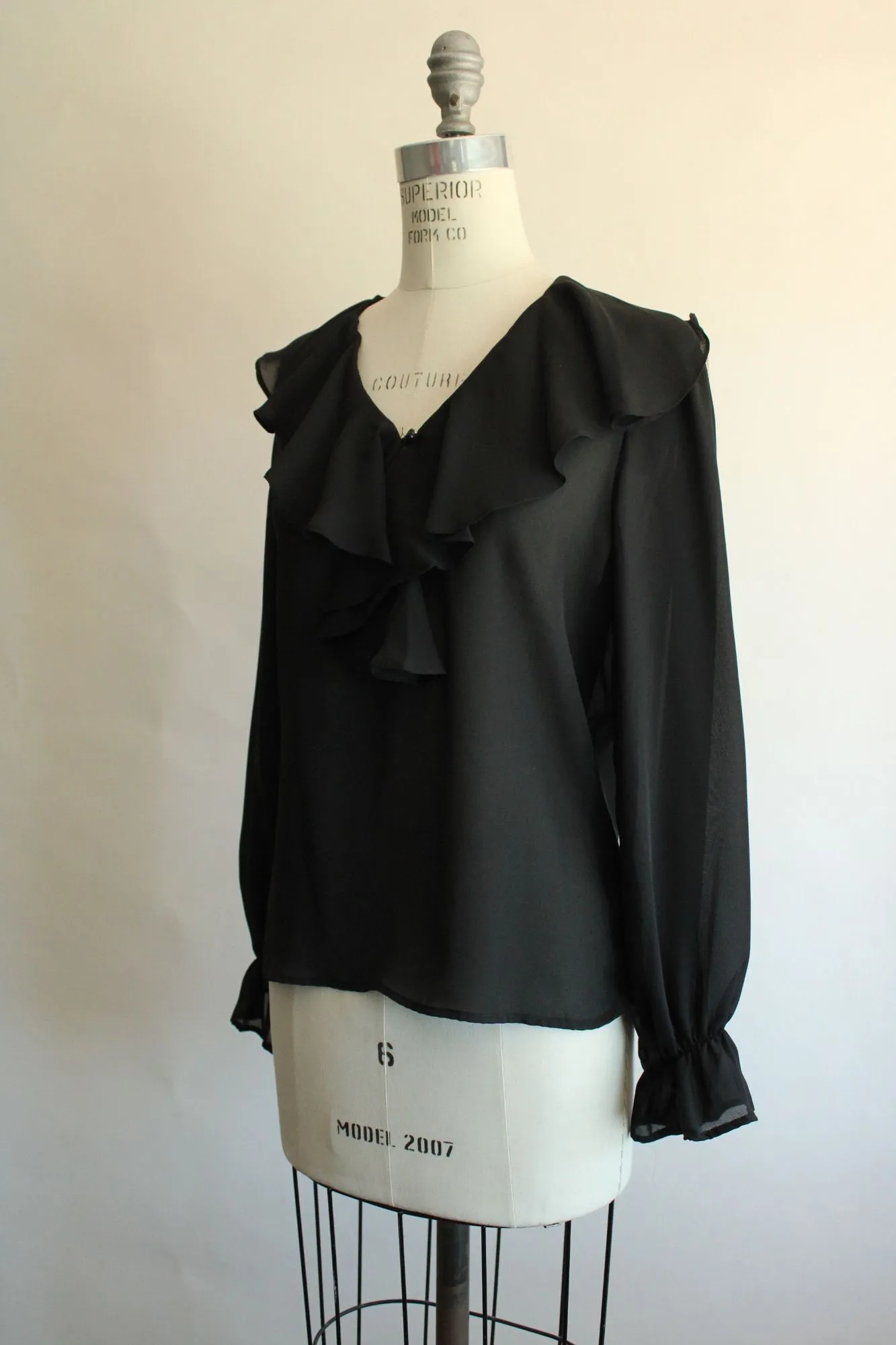 Vintage 1980s 1990s Clio Black Ruffle Neck Witchy Blouse