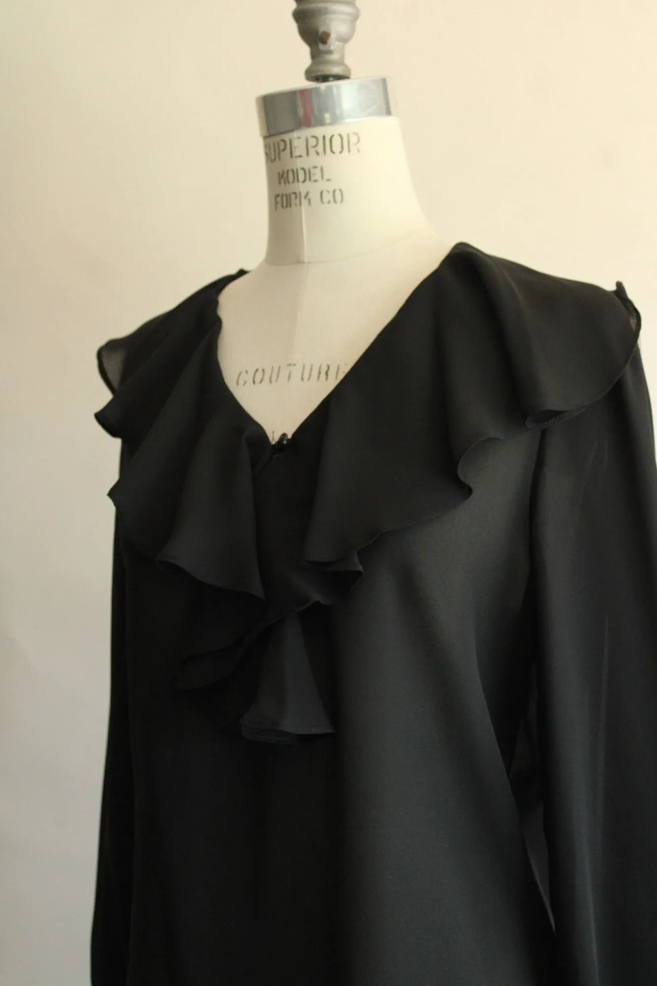 Vintage 1980s 1990s Clio Black Ruffle Neck Witchy Blouse