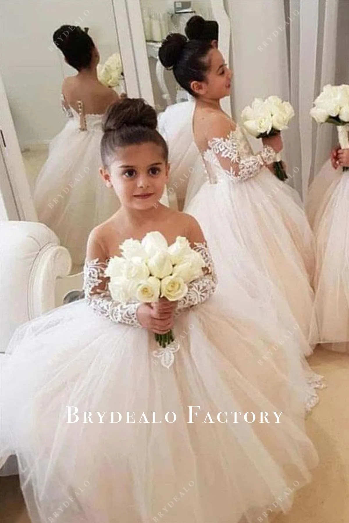 White Lace Tulle Ball Gown Elegant Flower Girl Dress