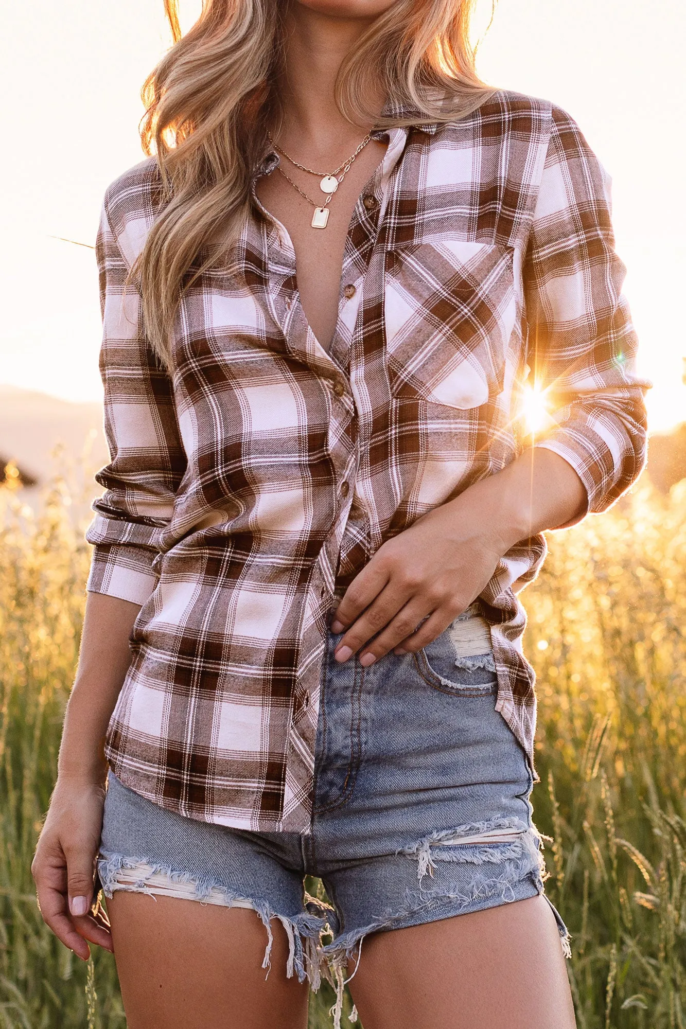 Wind Down Chocolate Plaid Top