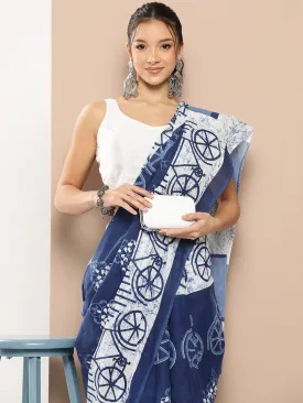 Women Blue Mulmul Cotton Saree