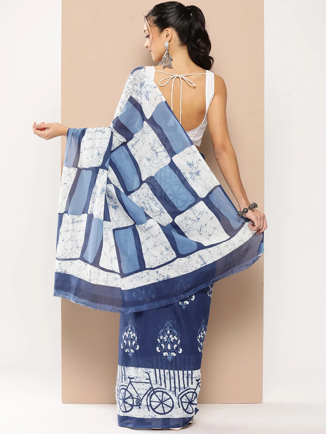 Women Blue Mulmul Cotton Saree