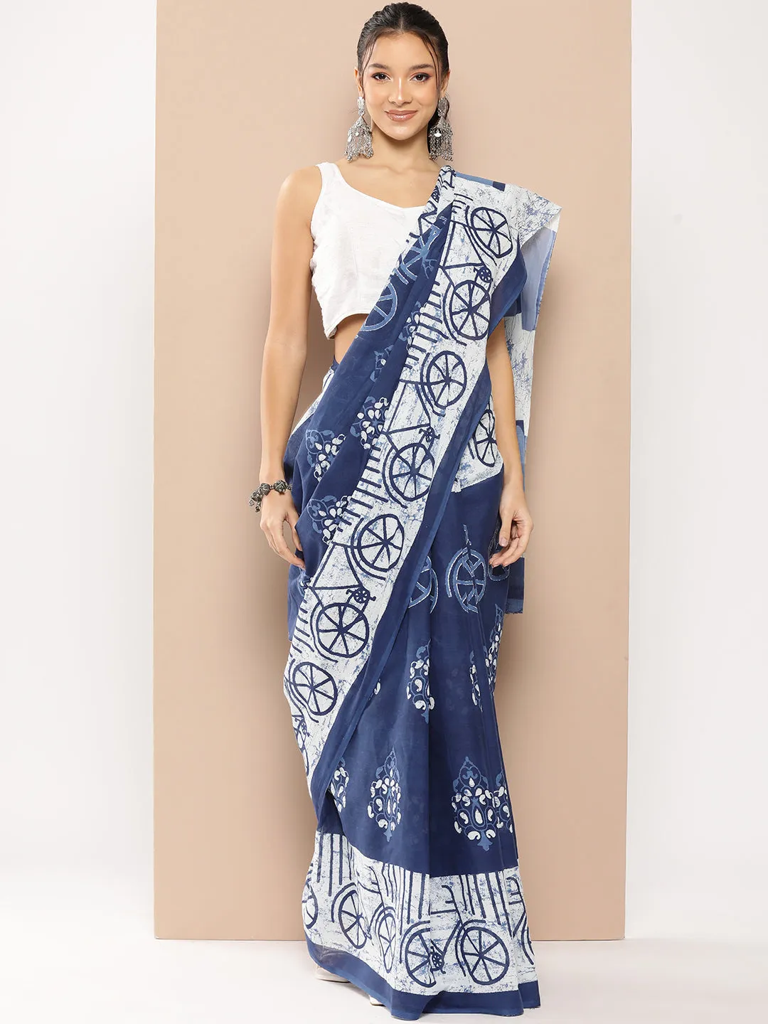 Women Blue Mulmul Cotton Saree