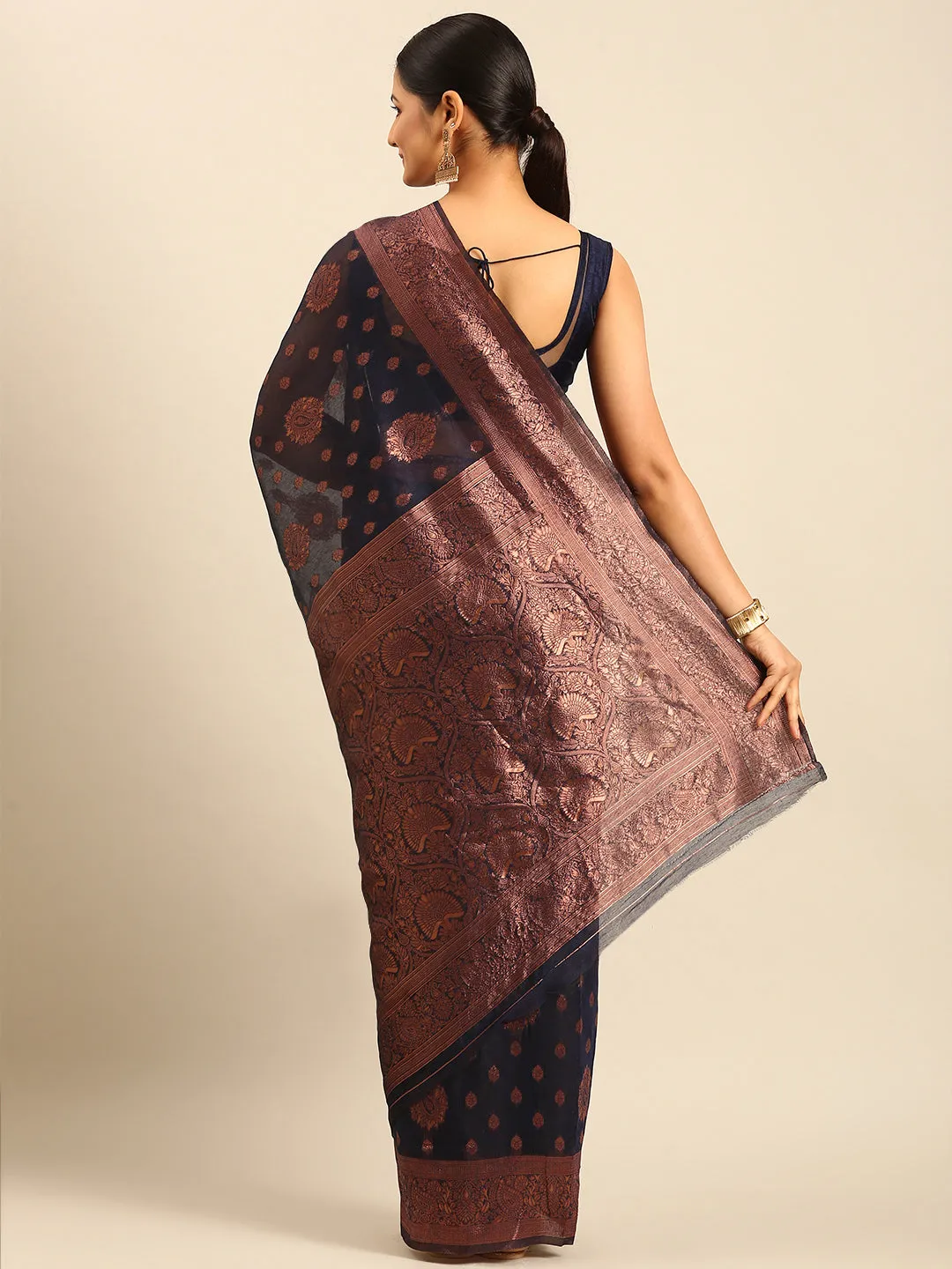 Women Navy Blue Cotton Saree With Un Stitched Blouse