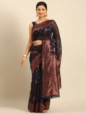 Women Navy Blue Cotton Saree With Un Stitched Blouse