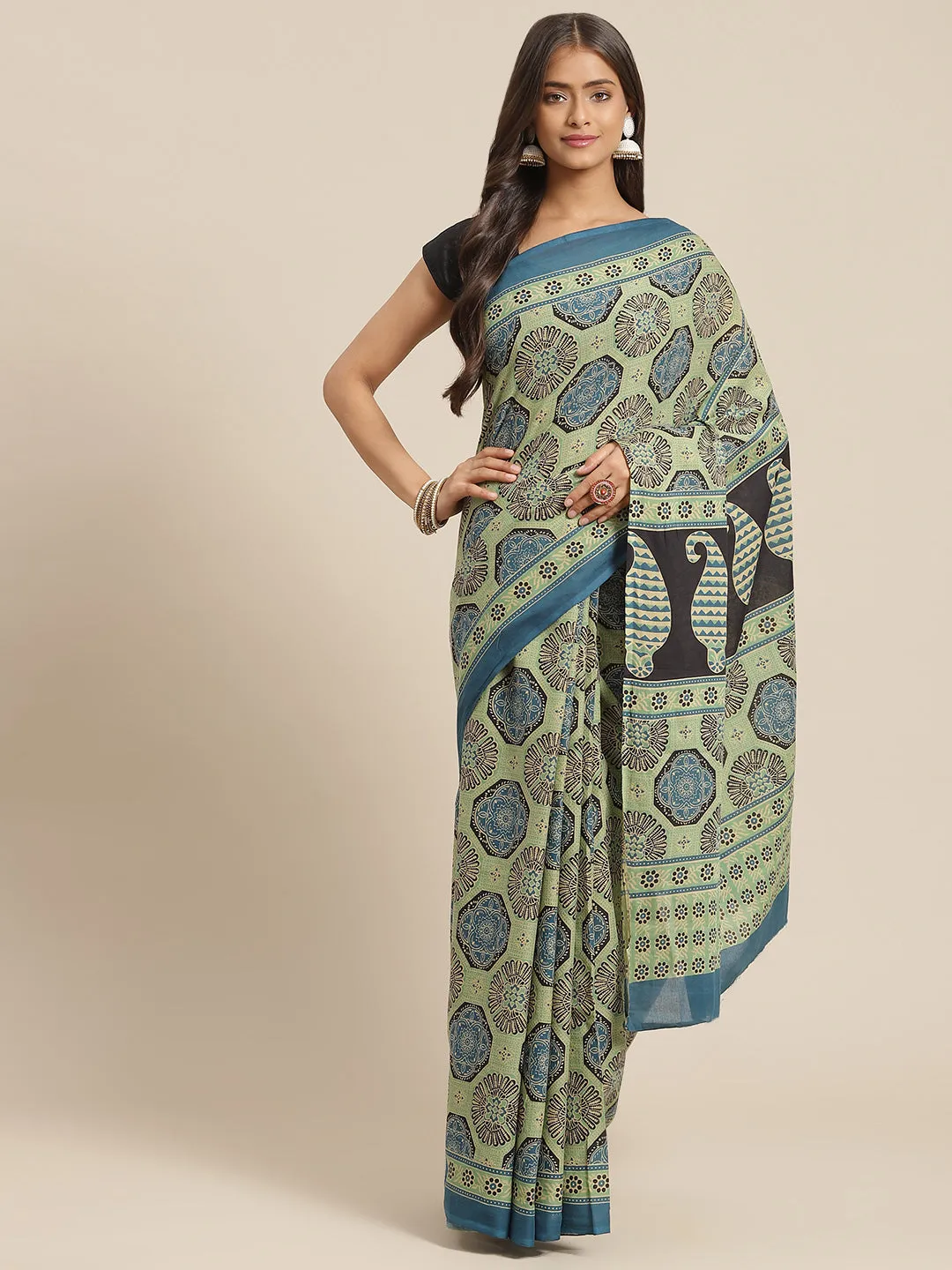 Women Olive & Indigo Blue Cotton Ajrak Print Saree With Blouse